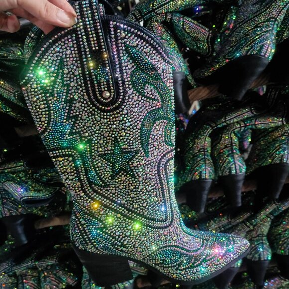 Women's Blue-green Multi-color Patterned Rhinestone Western Cowboy Mid-calf Boot - Picture 8 of 9